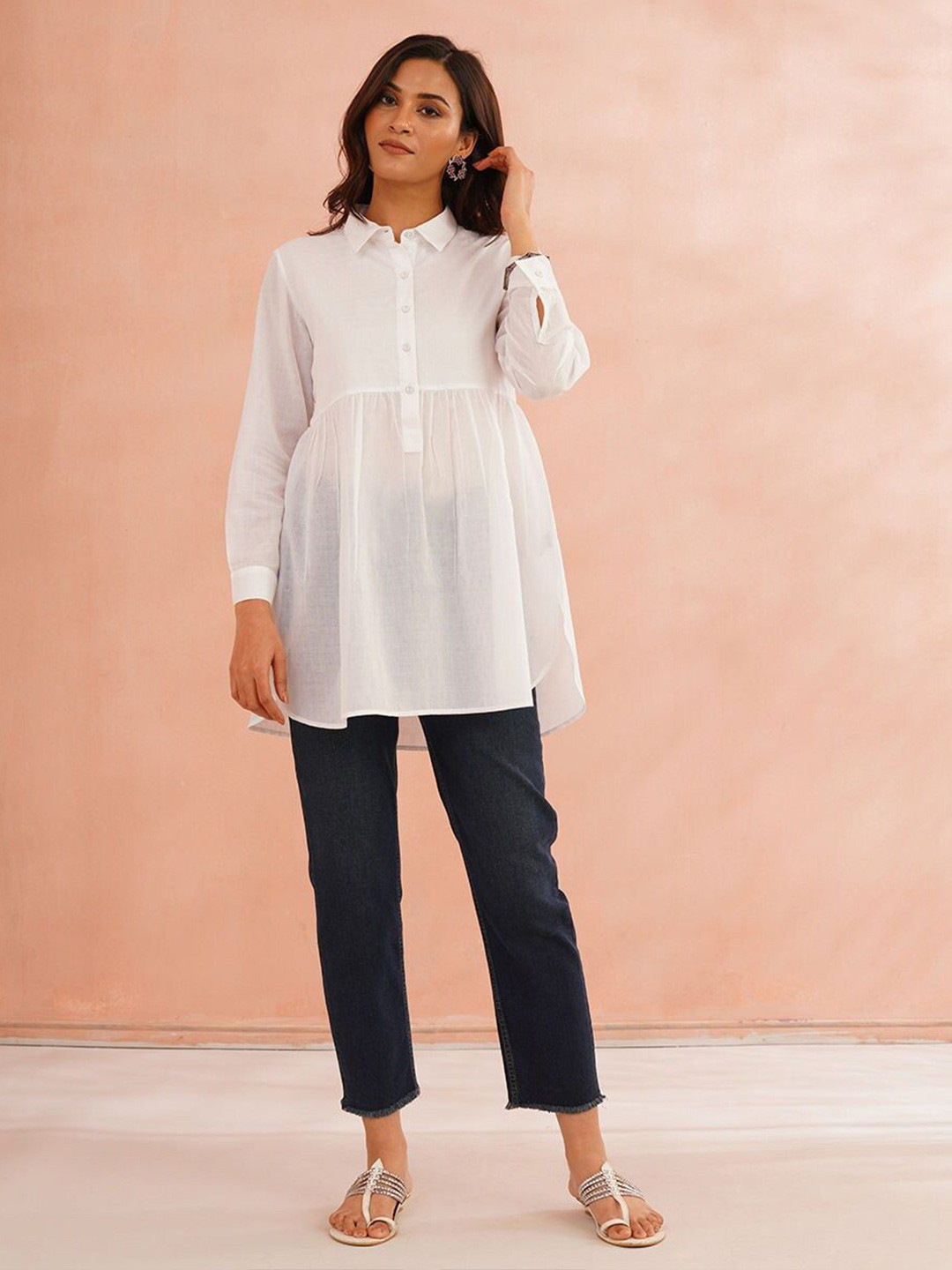 JAYPORE Women Cotton Shirt Collar Tunic