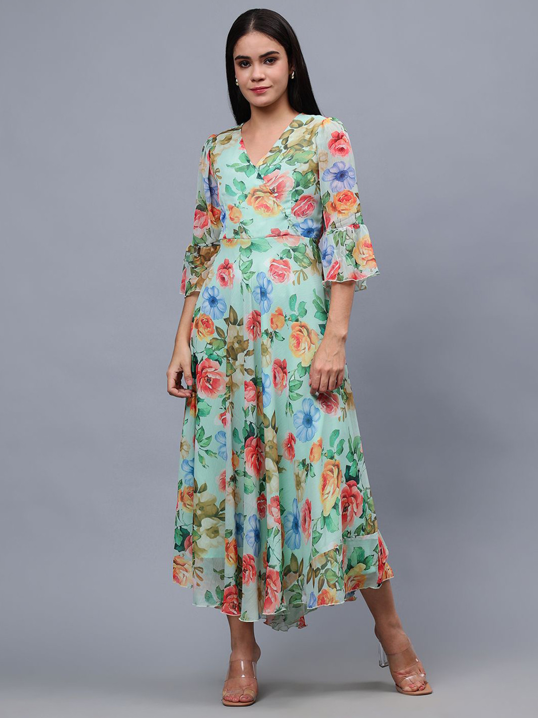 Frolic Rolic Floral Print V Neck Chiffon 3/4 Sleeves Maxi Dress