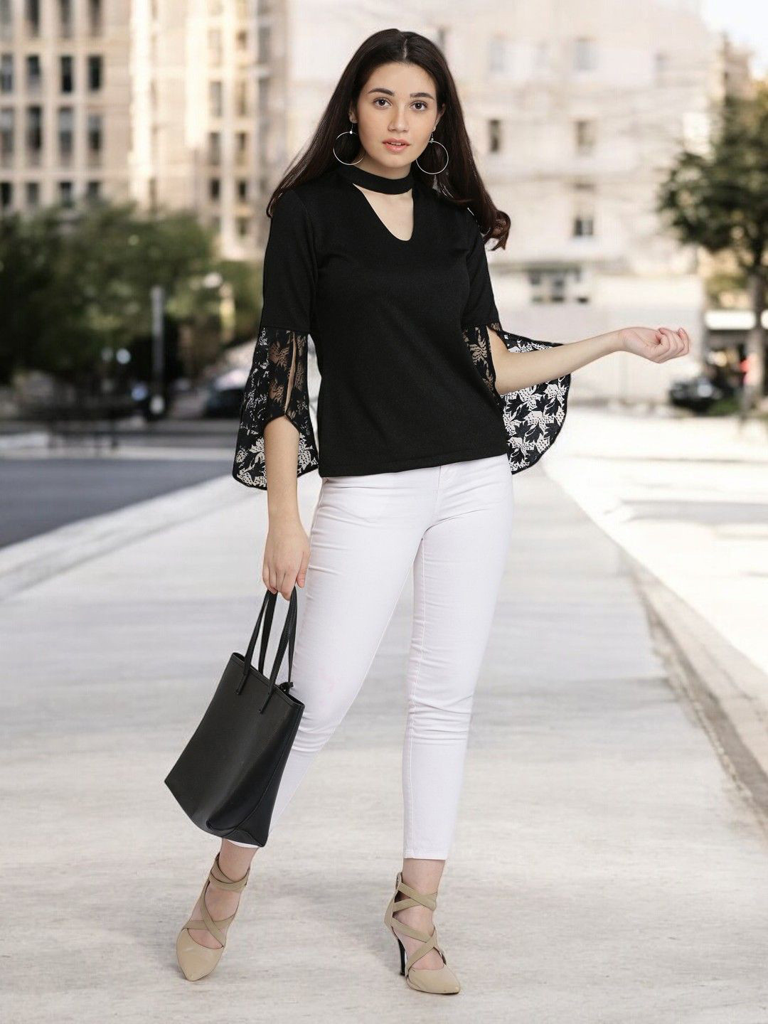 all about you Women's Round Neck Lace Semi Sheer Split Sleeve Choker Style Top