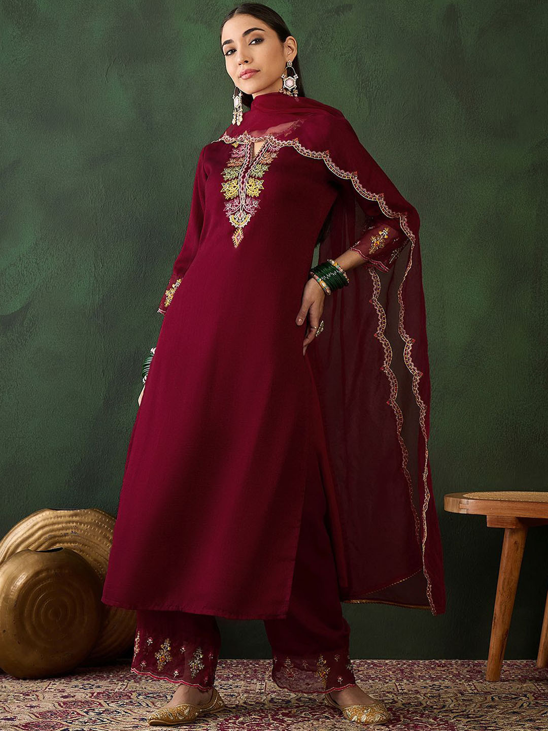 Sangria Women Embroidered Three Quarter Sleeves Kurta & Trousers With Dupatta