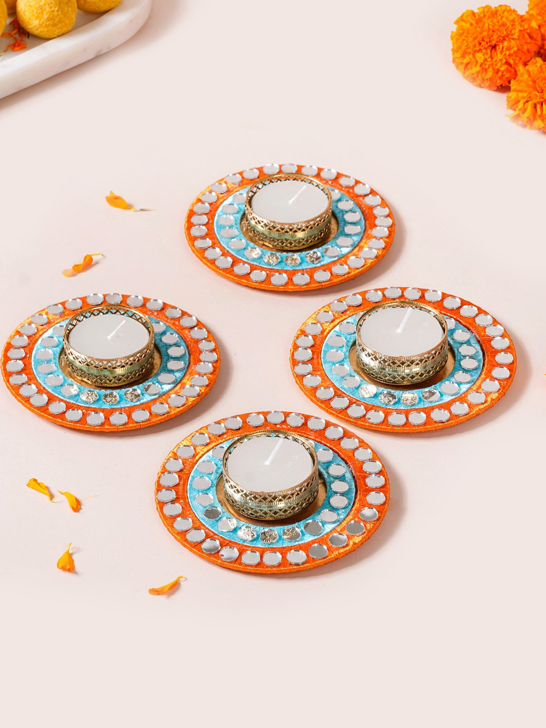 Nestasia Blue & Red 4 Pieces Mirror Work Embellished Tea Light Candle Holders