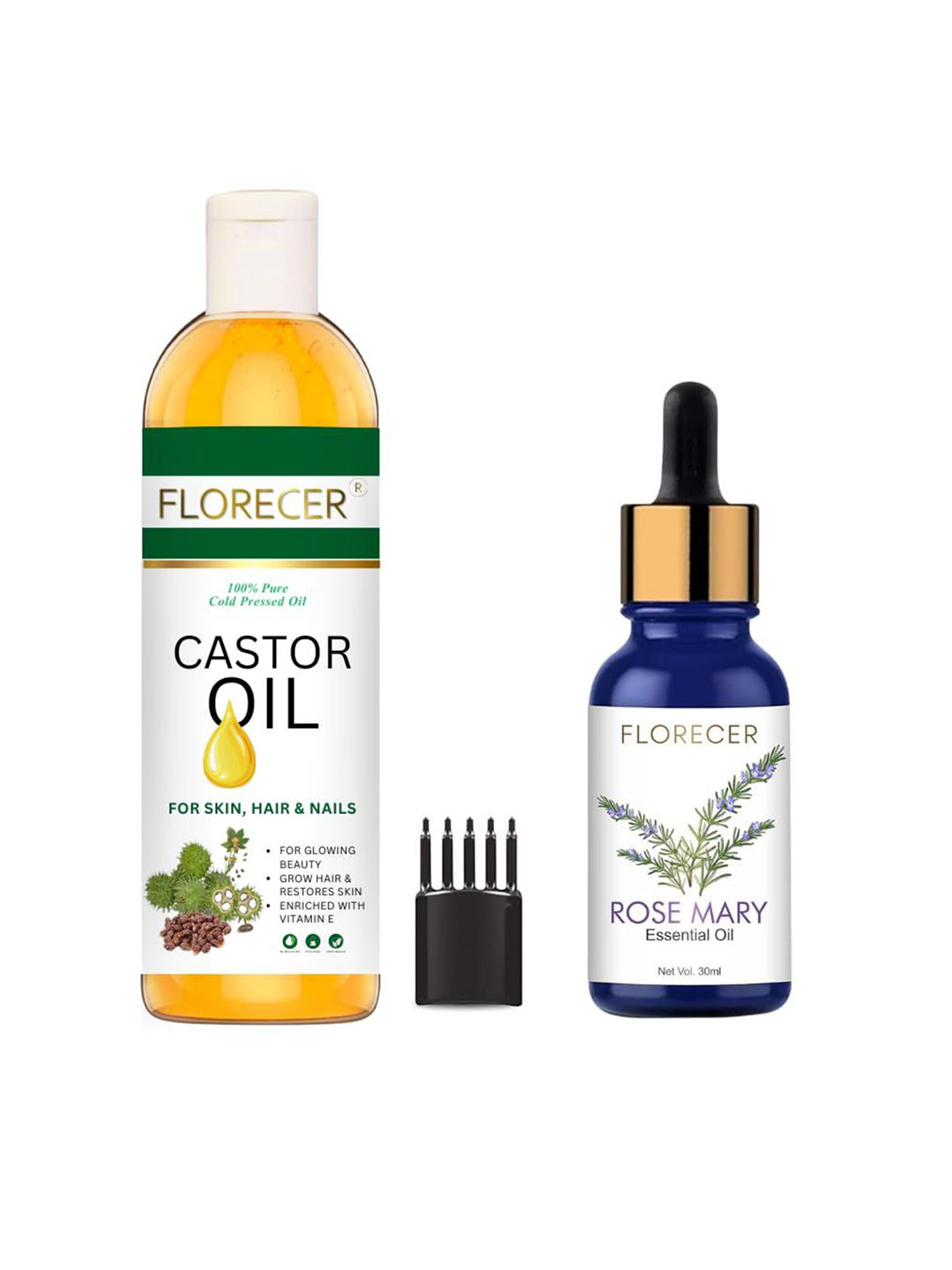 FLORECER Set Of 2 Castor Oil With Comb Applicator- 100 ml & Rosemary Essential Oil - 30 ml
