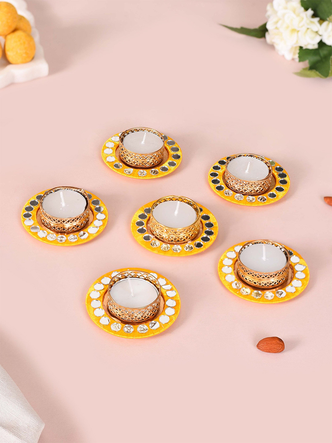 Nestasia Yellow 6 Pieces Mirror Work Embellished Tea Light Candle Holders
