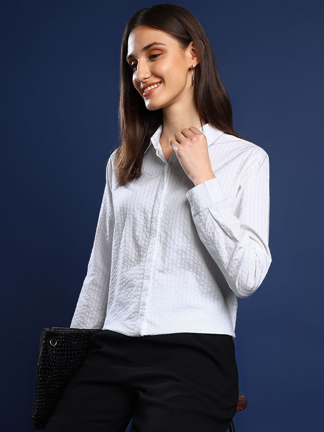Hancock Women Solid Opaque Seer Sucker Formal Shirt
