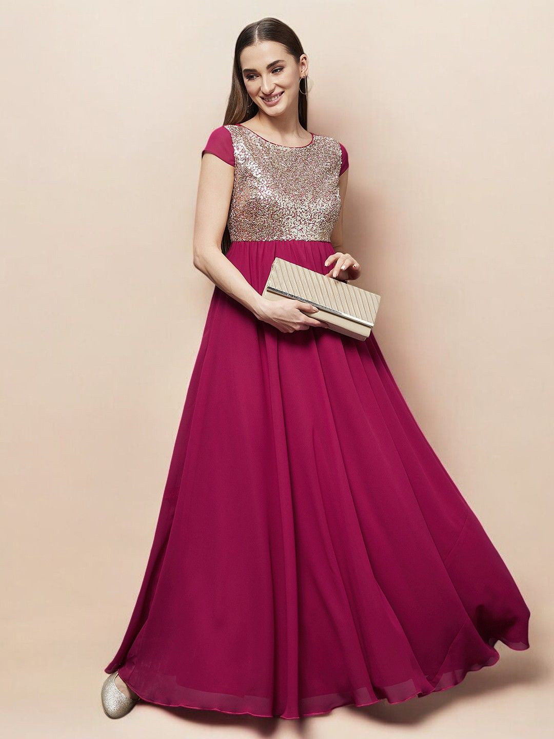 all about you Women Round Neck Cap Sleeve Embellished Fit & Flare Maxi Dress