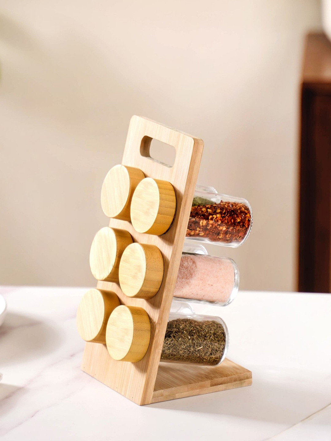 Nestasia Transparent & Beige 7 Pieces Seasoning Jars With Wooden Stand 100ml Each