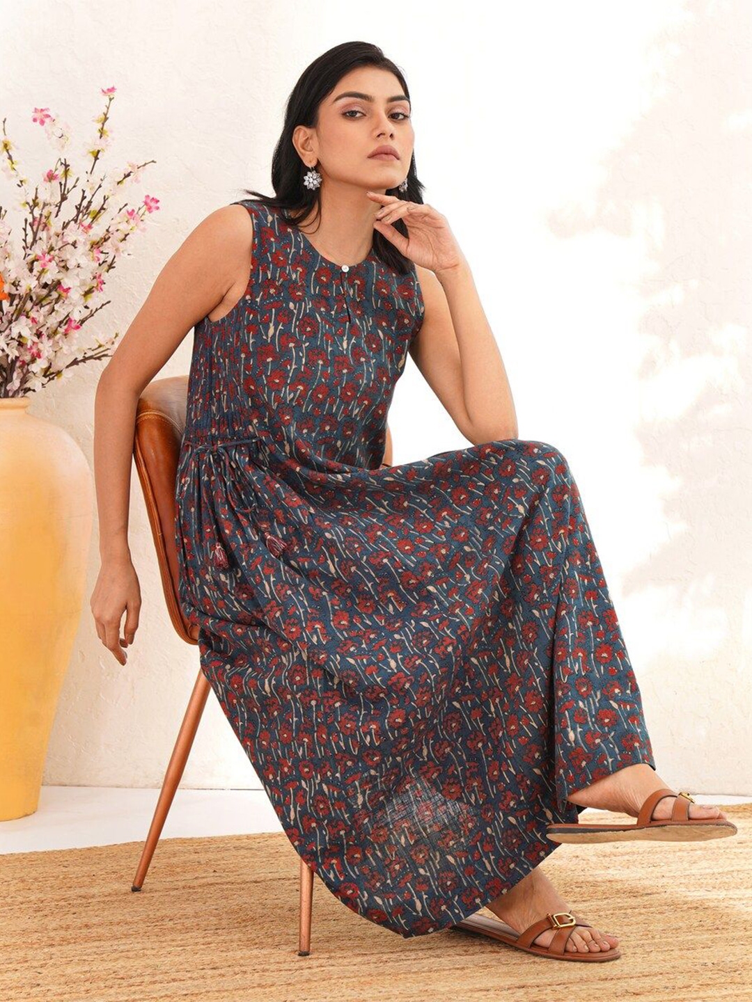 Buy JAYPORE Floral Printed Fit Flare Round Neck Cotton Maxi Dress Dresses for Women 31033128 Myntra