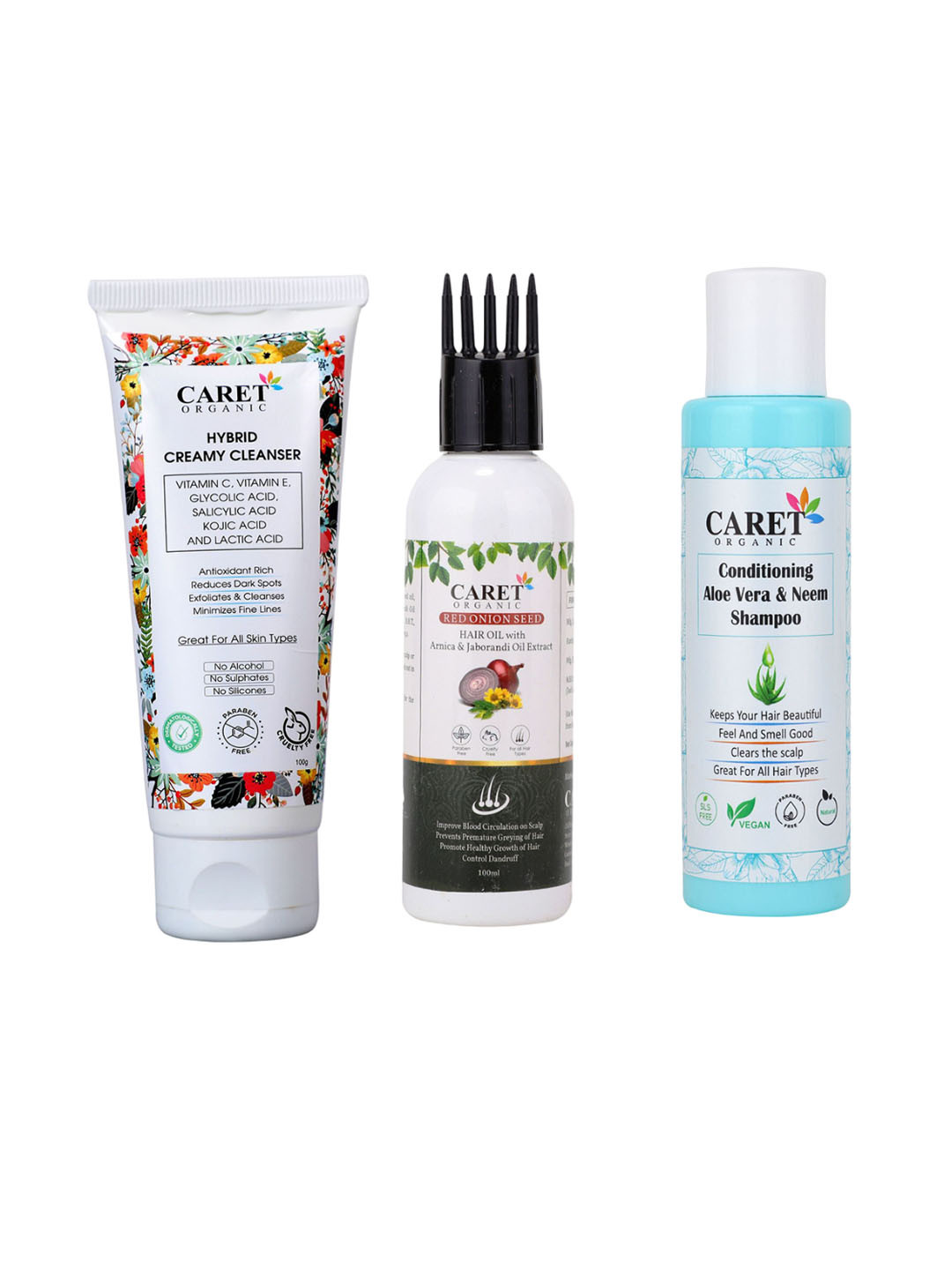 CARET ORGANIC Hybrid Creamy Cleanser, Aloe Vera Shampoo & Red Onion Seed Oil
