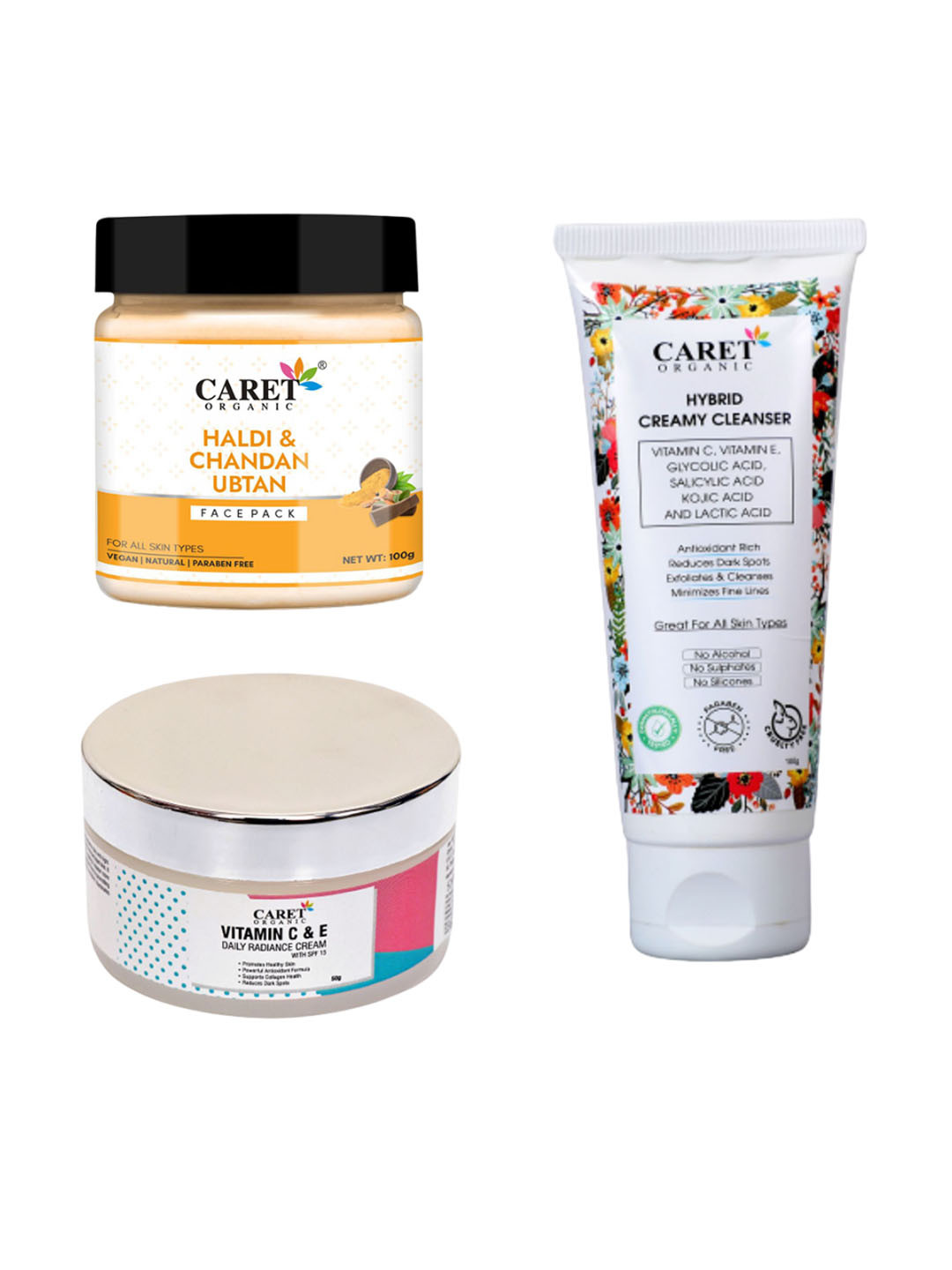 CARET ORGANIC Haldi Chandan Ubtan Face Pack, Vitamin C & E Cream & Hybrid Cleanser