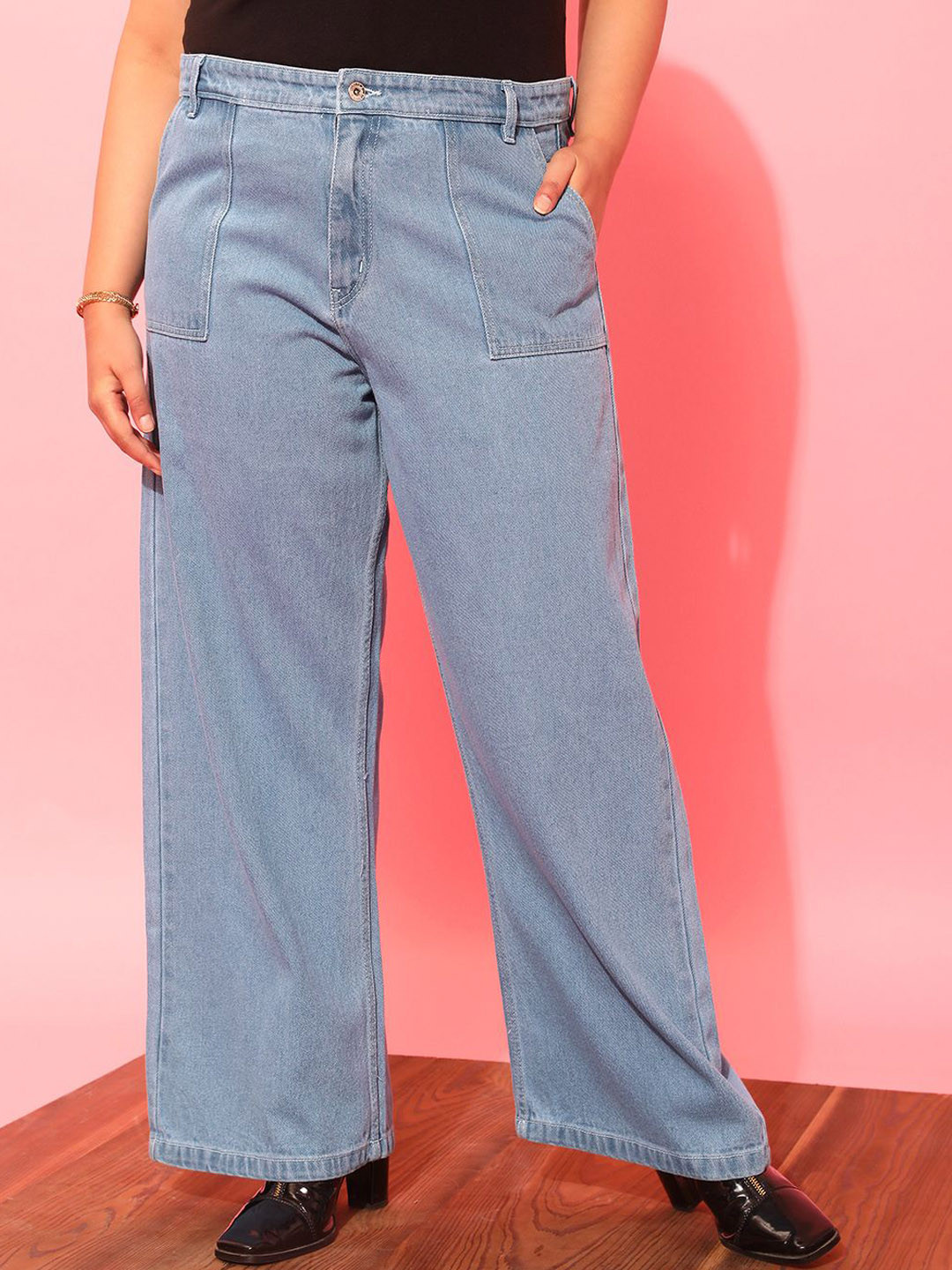 CURVY STREET Women Plus Size Jean Wide Leg Low Distress Jeans