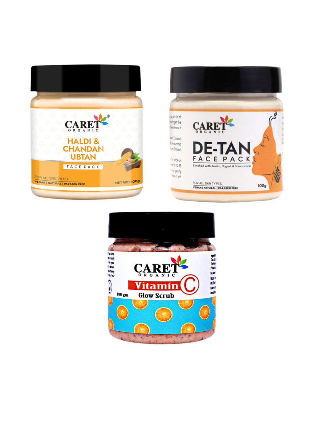 CARET ORGANIC Haldi Chandan Ubtan Face Pack & Detan Face Pack & Vitamin C Glow Scrub Combo