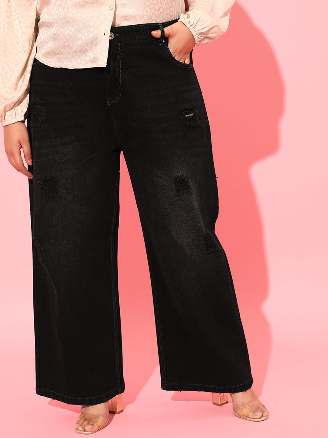 CURVY STREET Women Plus Size Flared High-Rise Mildly Distressed Rugged Denim Jeans