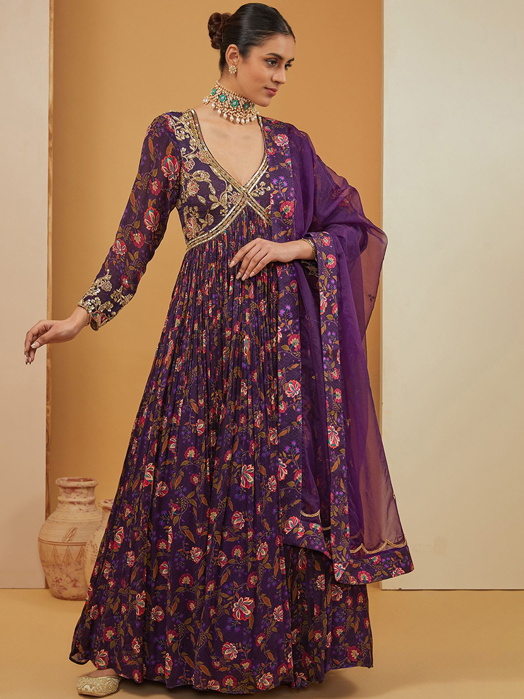 neha khullar Women Floral Printed Flared Sleeves Handloom Anarkali Kurta