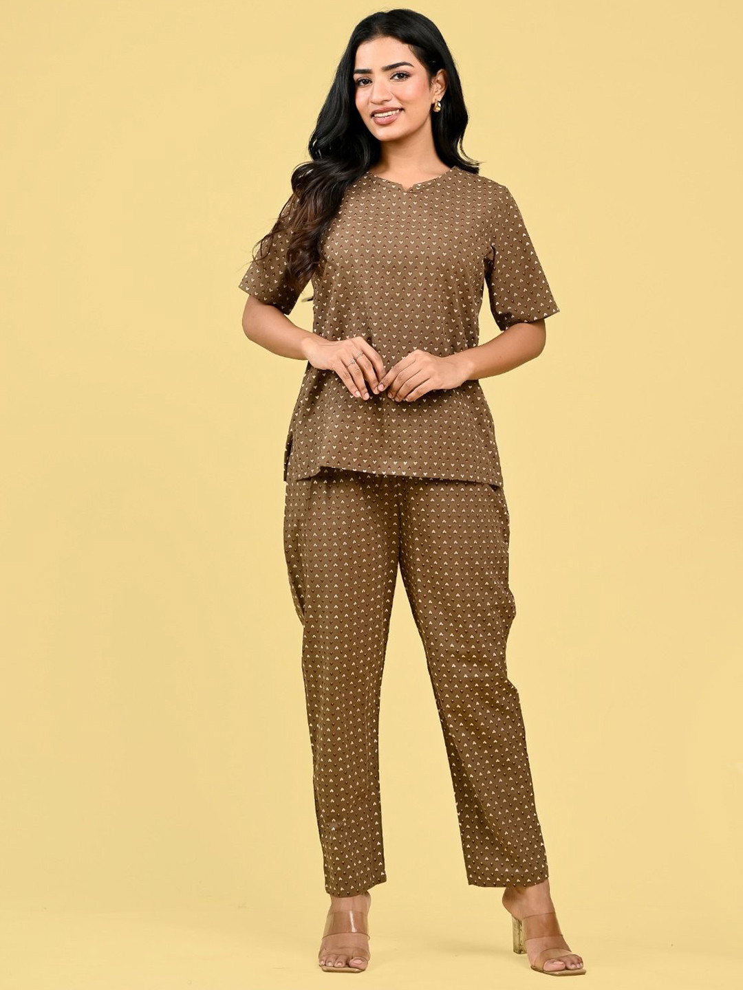 FCV Printed Round Neck Short Sleeves Pure Cotton Top With Pyjama