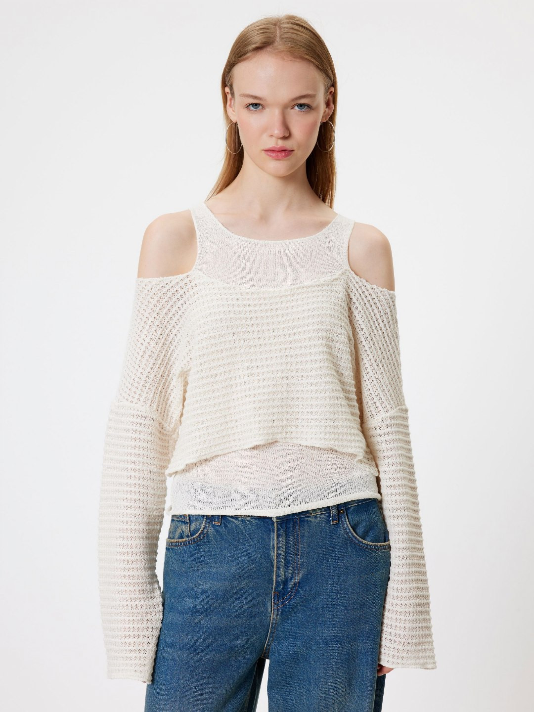 Koton Women Self Design Cold Shoulder Sleeves Knits Top