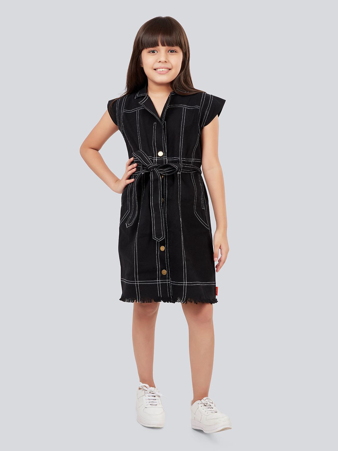 Olele Girls Pure Cotton Coat Collar Sleeveless Dress