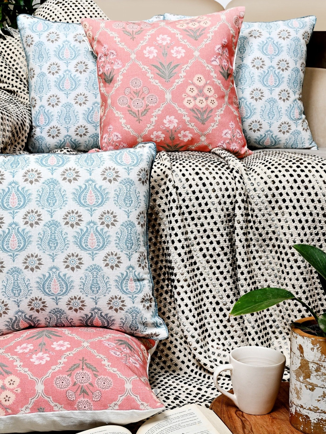 ANWYN Ethnic Motifs Blue Floral Cotton Washable 5 Piece Square Cushion Covers -16x16In