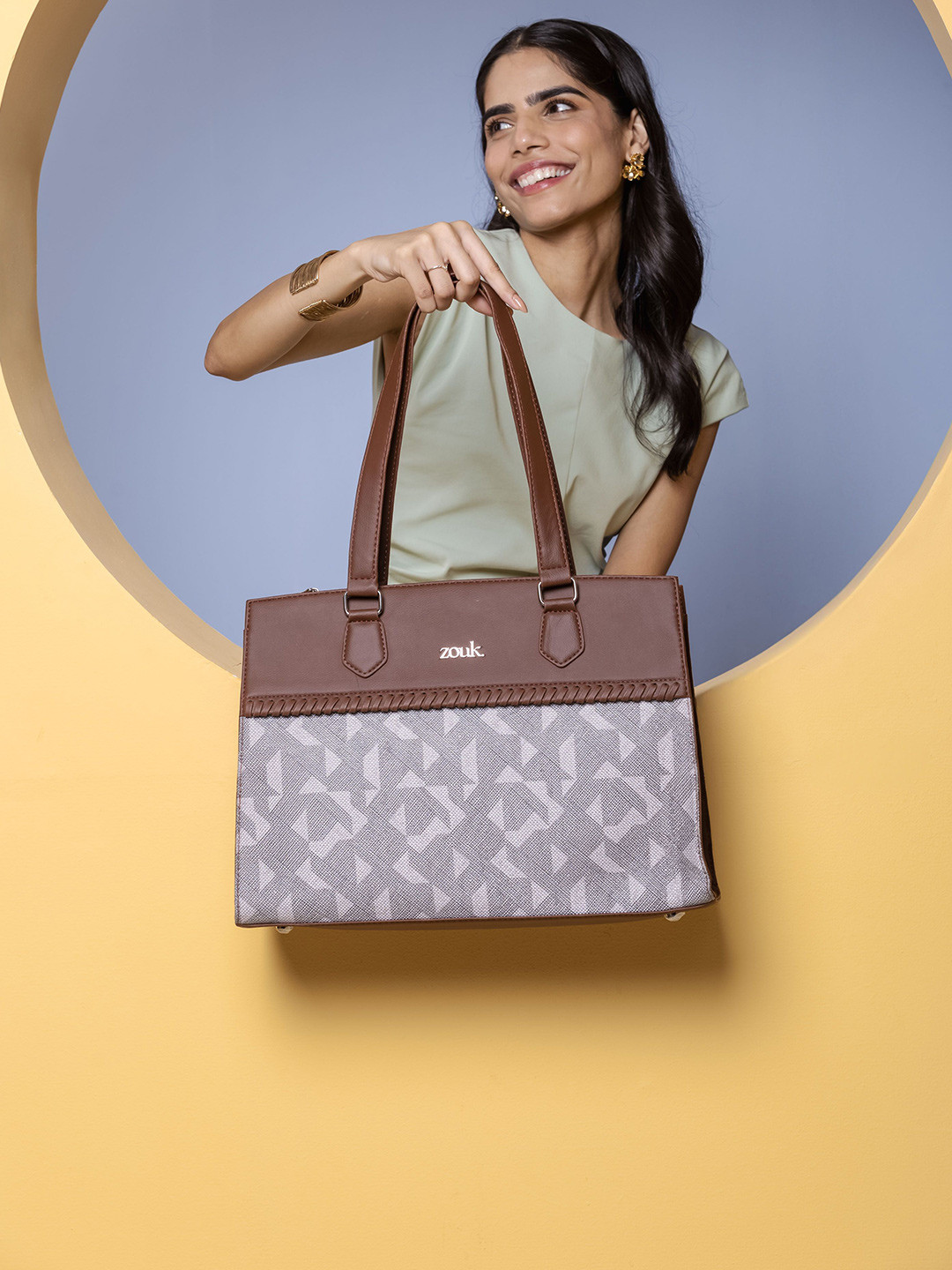 ZOUK Geometric Printed Structured Shoulder Bag