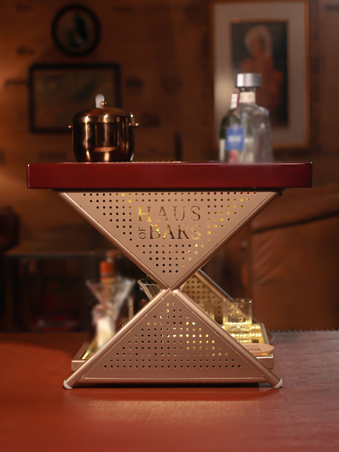 Haus of Bars Brown and Beige Mini Home Bar Table & Cabinet With Compact & Foldable Design