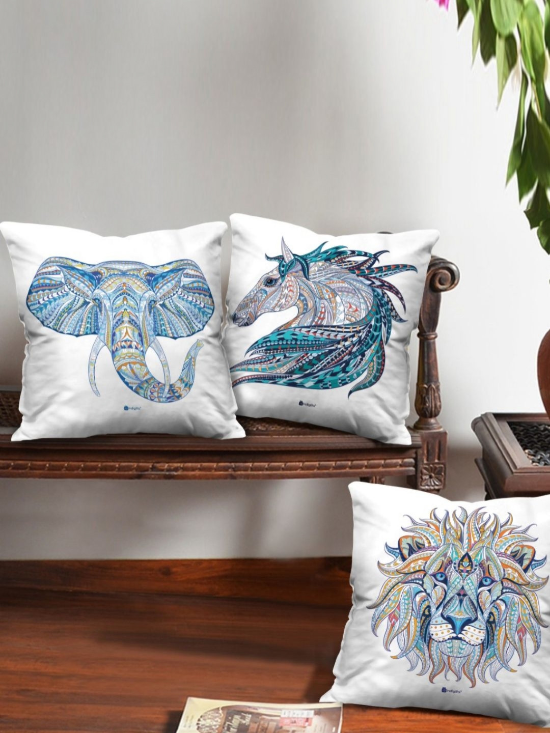 Indigifts White Ethnic Motifs Satin Washable 3 Pcs Square Cushion Covers - 11.8 x 11.8 In