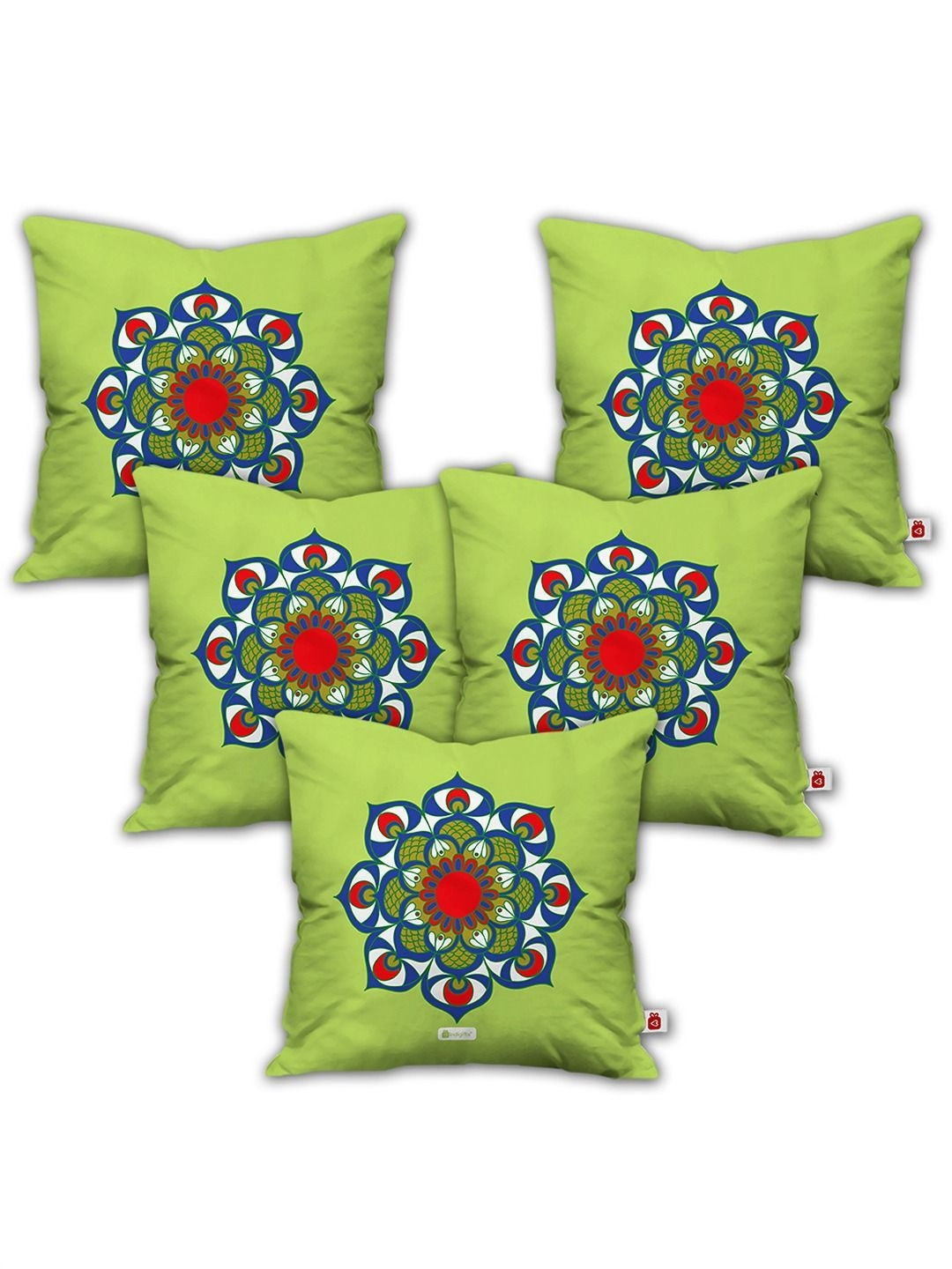 Indigifts Green & Red 5 Pieces Floral Printed Satin Square Cushion Covers