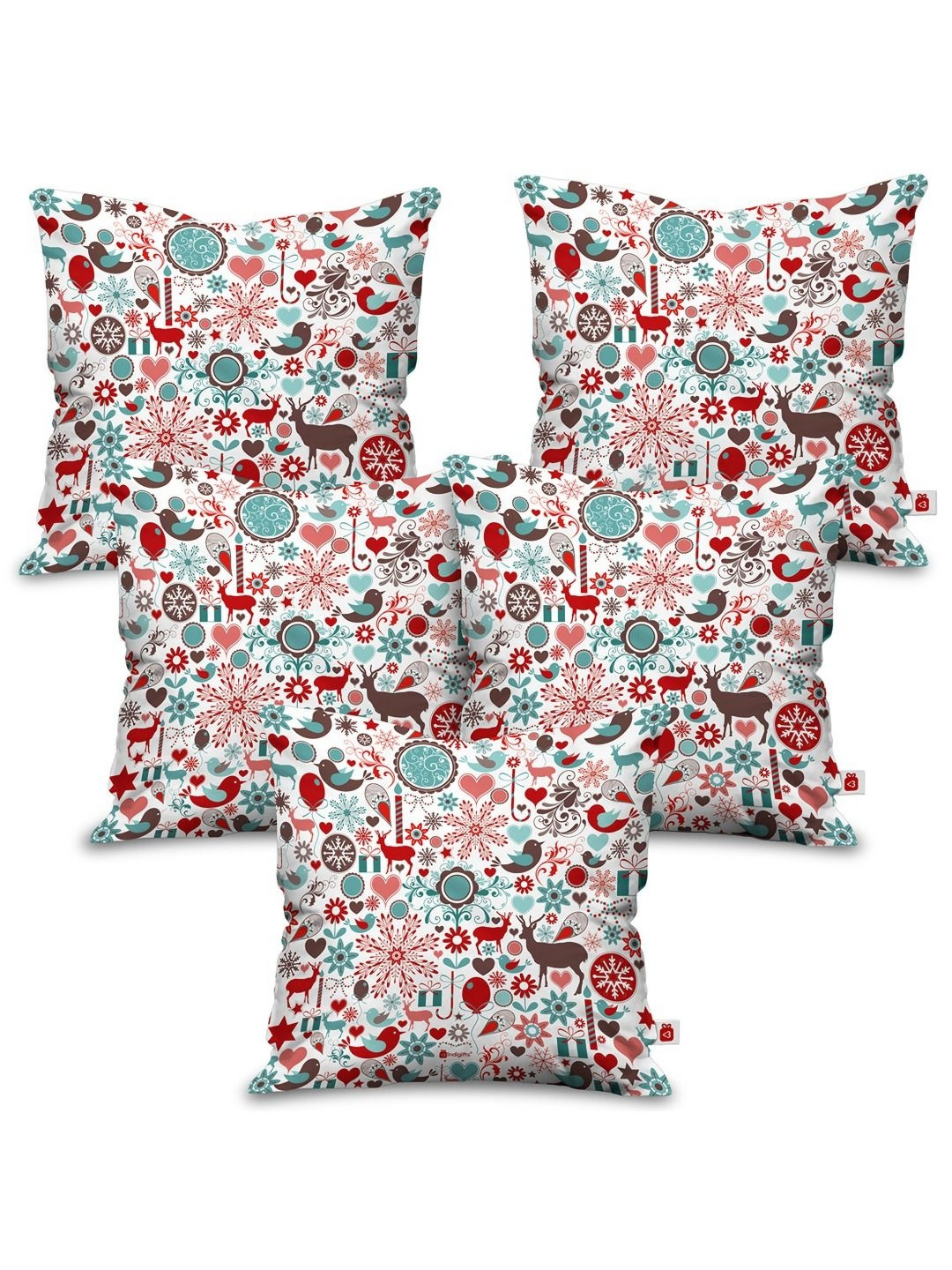 Indigifts Christmas White Quirky Satin Washable 5 Pcs Square Cushion Covers - 12 x 12 In