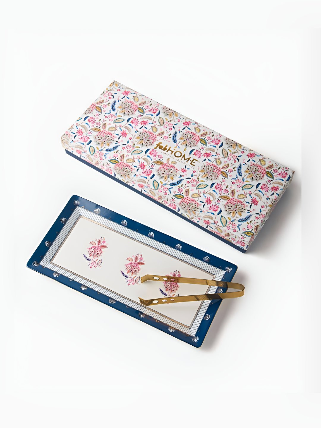 Fabindia Luxe White & Pink 2 Pieces Floral Printed Ceramic Serving Tray & Tong