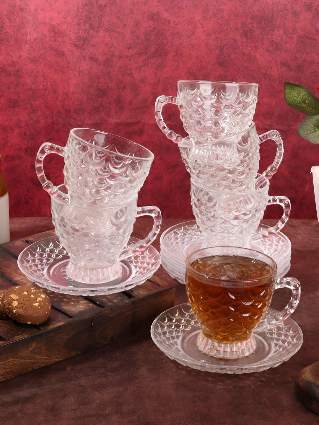 Aura Transparent 12 Pieces Textured Glass Cups and Saucers 200 ml Each