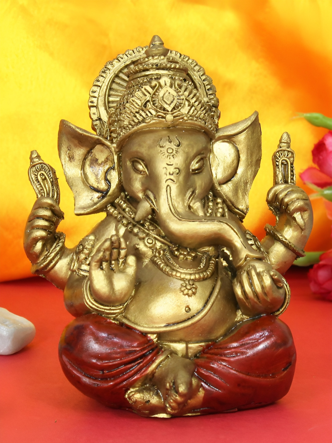 TIED RIBBONS Gold Toned & Red Textured Lord Ganesha Religious Idol Showpiece