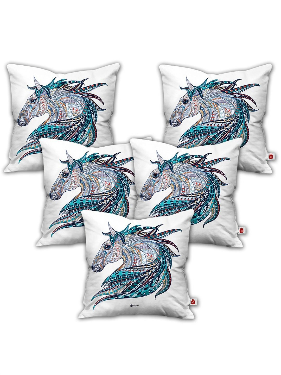 Indigifts White & Blue 5 Horse Pieces Printed Satin Square Cushion Covers