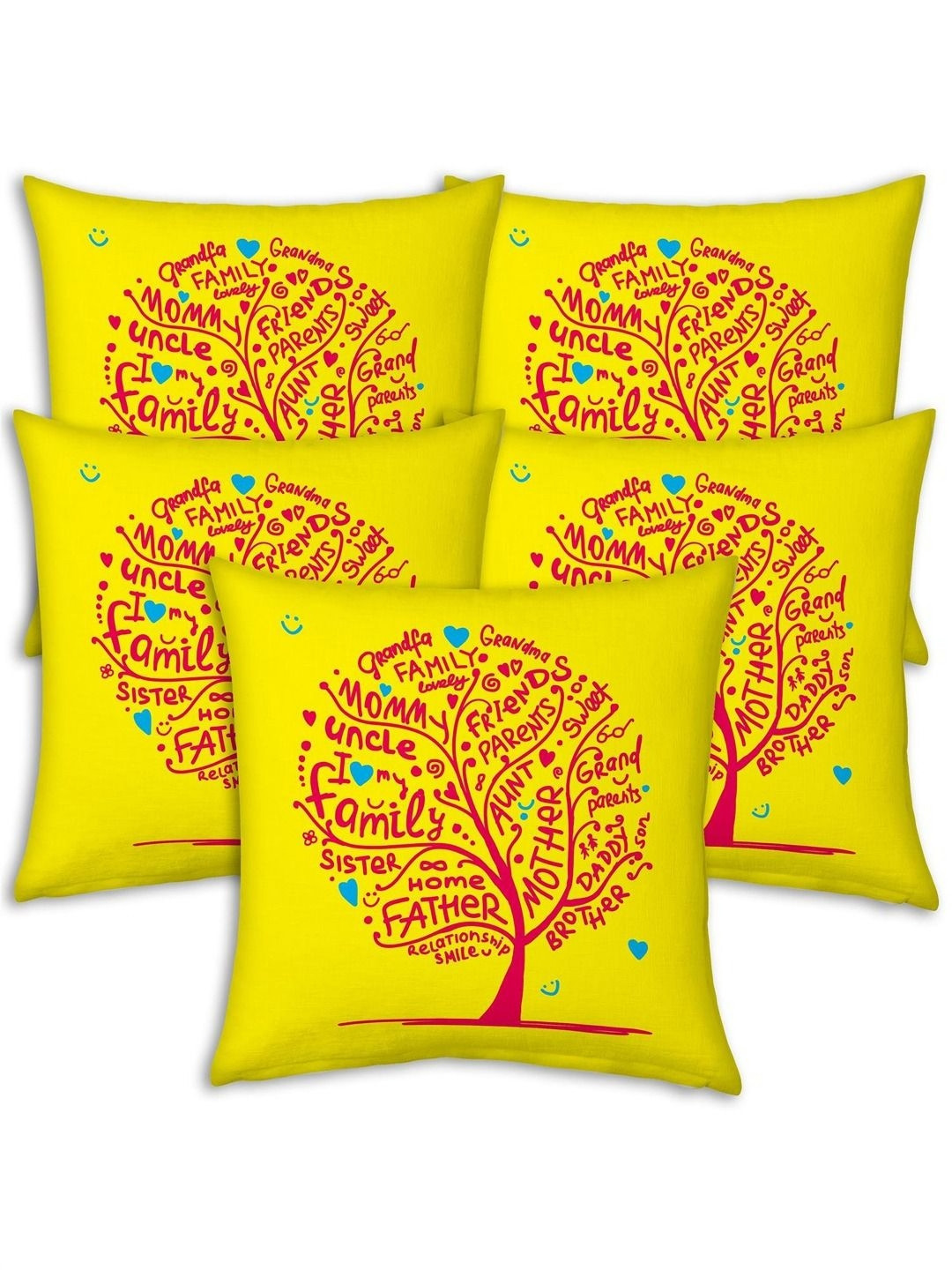 Indigifts Floral Yellow Typography Polysatin Washable 5 Pcs Square Cushion Covers -12x12In