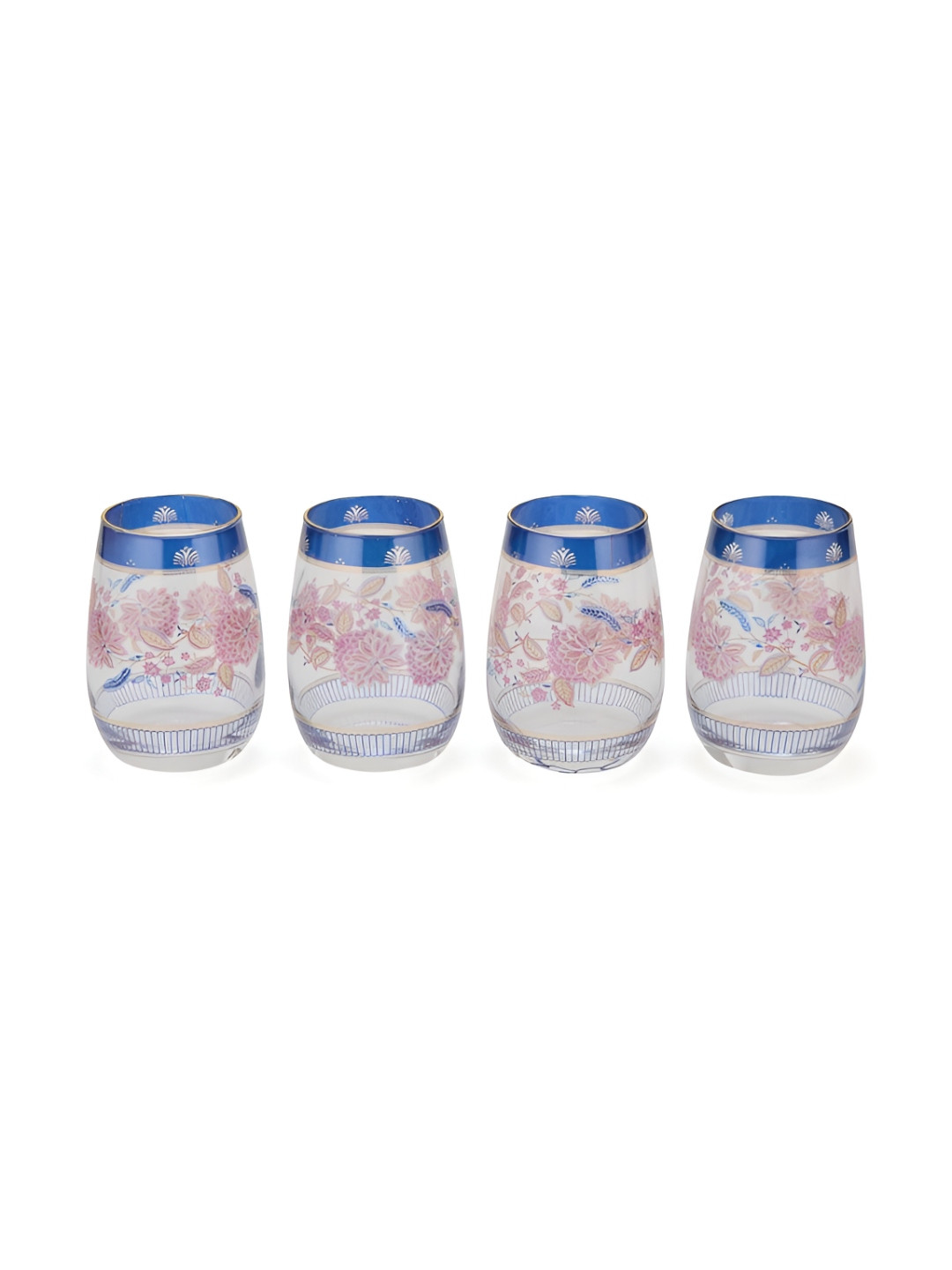 Fabindia Luxe Blue & Pink 4 Pieces Floral Printed Decaled Luxe Water Glasses- 380 ML