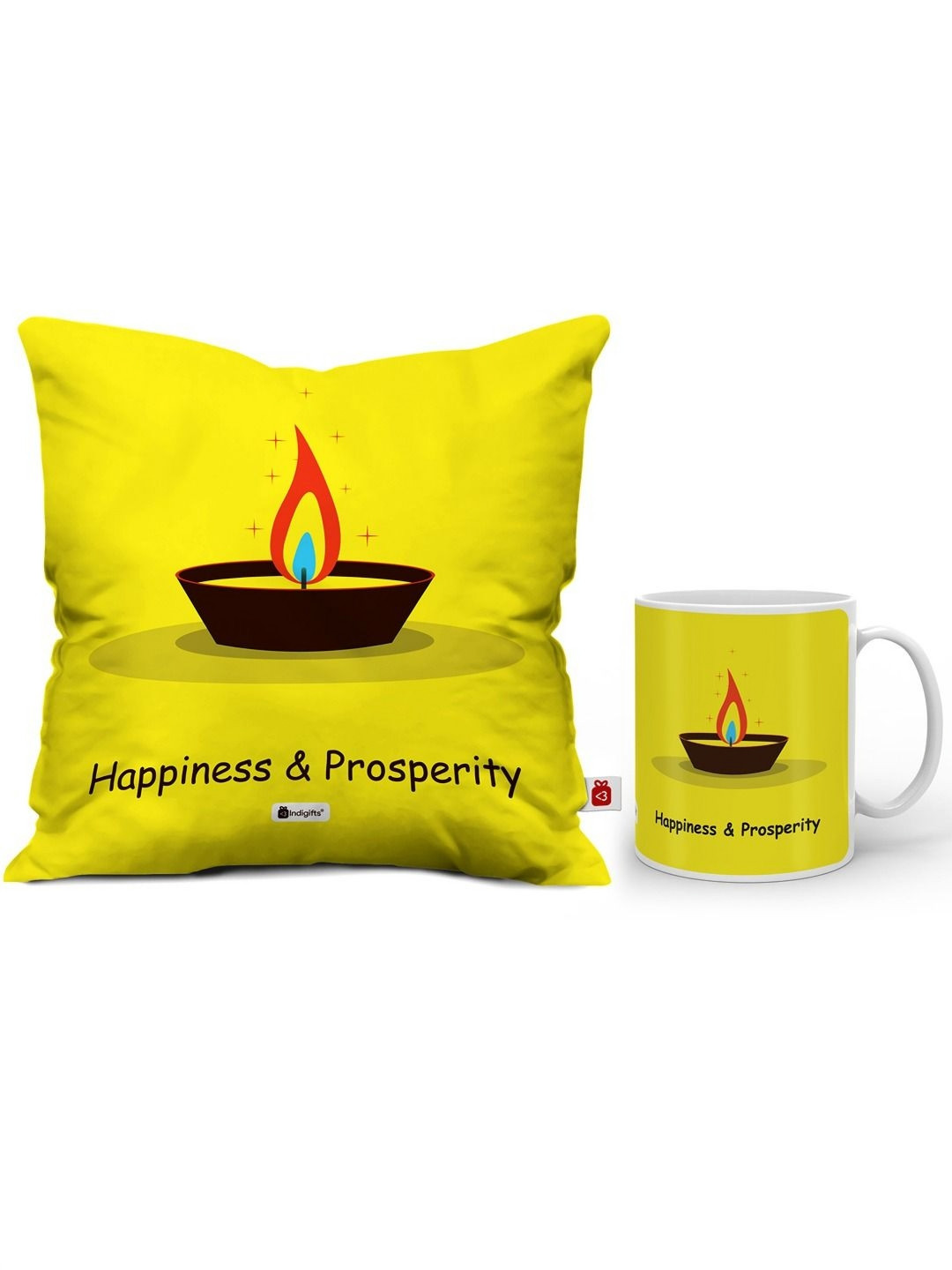 Indigifts Yellow and Black 2 Pieces Printed Square Cushions With Fillers & Ceramic Mug