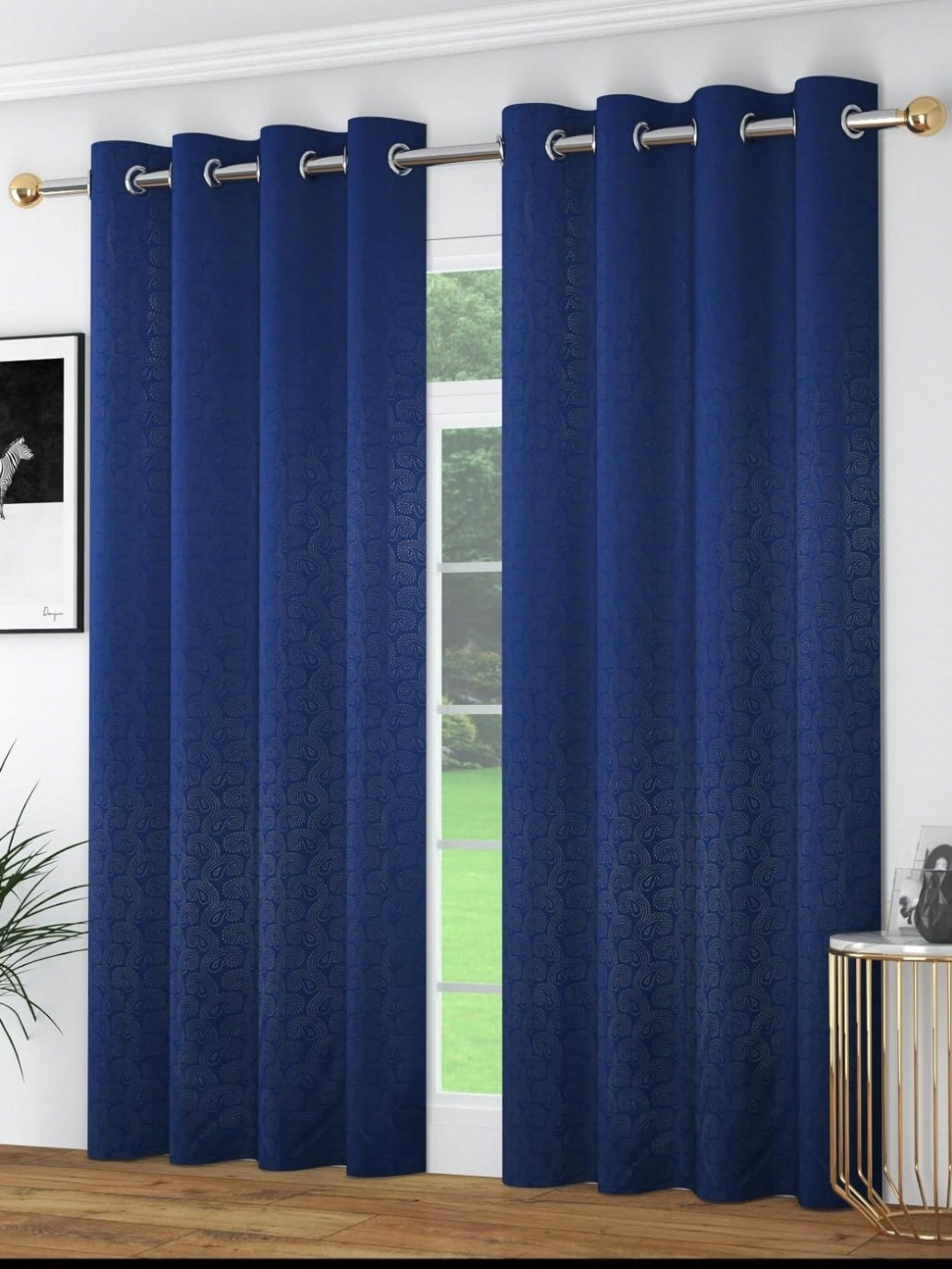Banchmark Home Furnishings Blue & Grey 2 Pieces Ethnic Printed Black Out Window Curtains