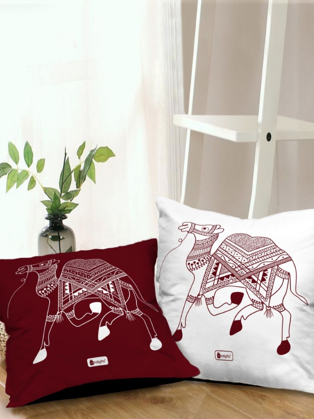 Indigifts Red & White Camel Ethnic Motifs Printed Satin Square Cushion Cover
