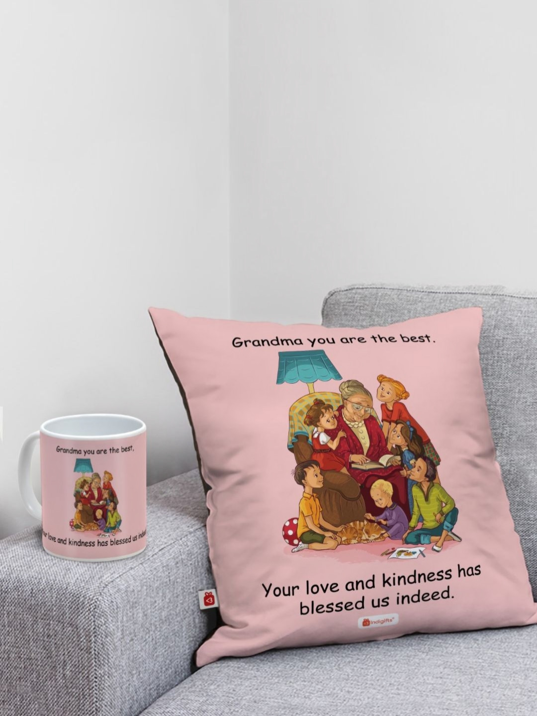 Indigifts Pink & Blue 2 Pieces Printed Square Shaped Cushion Covers With Mug