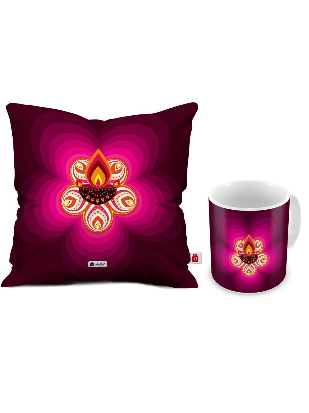 Indigifts Purple & Black Diya Printed Satin Square Cushion Cover With Coffee Mug 325ml