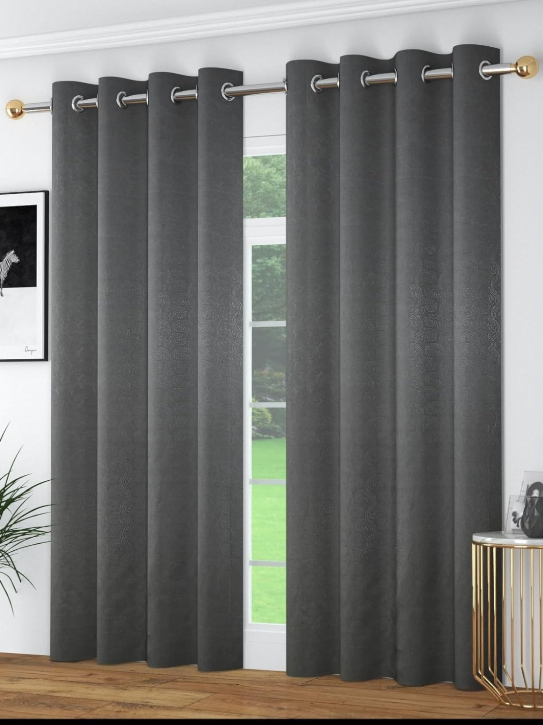 Banchmark Home Furnishings Grey 2 Pieces Ethnic Motifs Printed Black Out Window Curtains