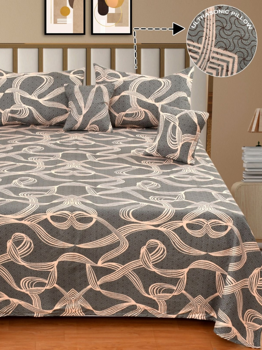 NCS Brown Abstract Cotton Ultrasonic 300 TC Queen Fine Bedsheet with 2 Pillow Covers-100 x 90 inches