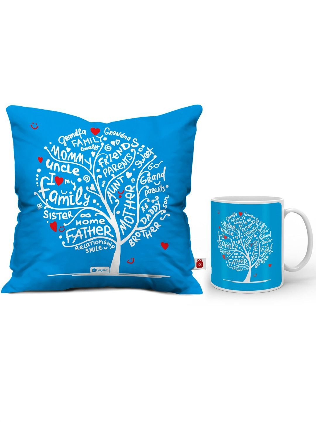 Indigifts Blue & White Tree Typography Printed Satin Square Cushion Cover With Mug 325ml