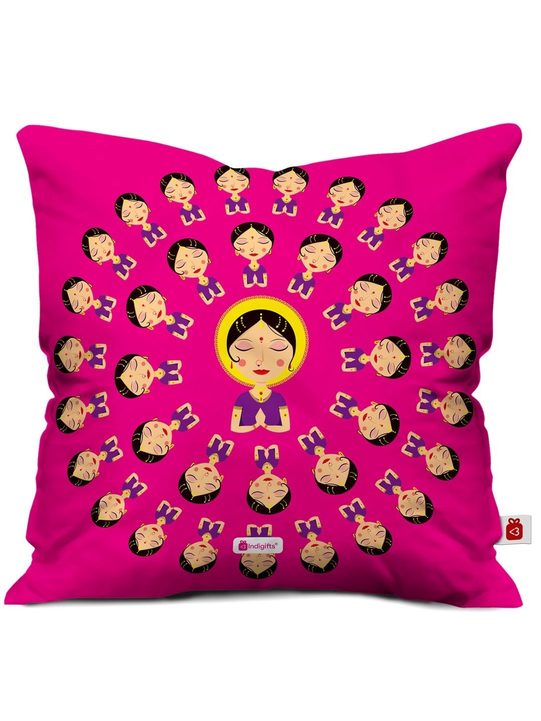 Indigifts Pink & Black Woman Printed Satin Square Cushion Cover