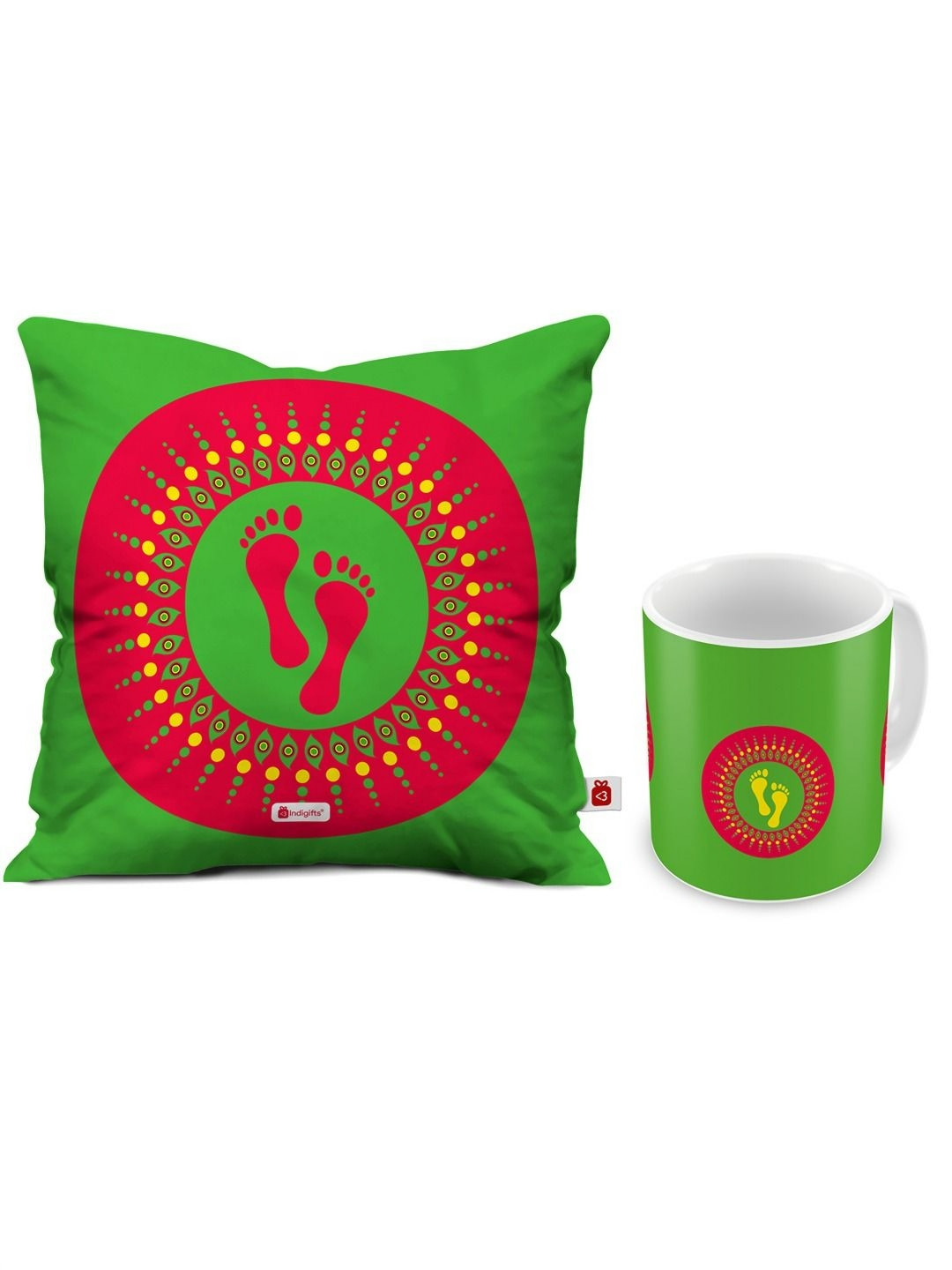 Indigifts Green & Pink Footsteps Printed Satin Square Cushion Cover With Mug 325ml