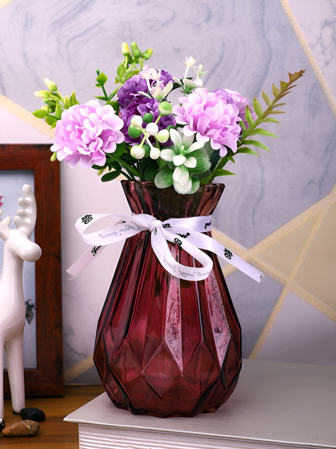 TAYHAA Red Glass Textured Flower Vases