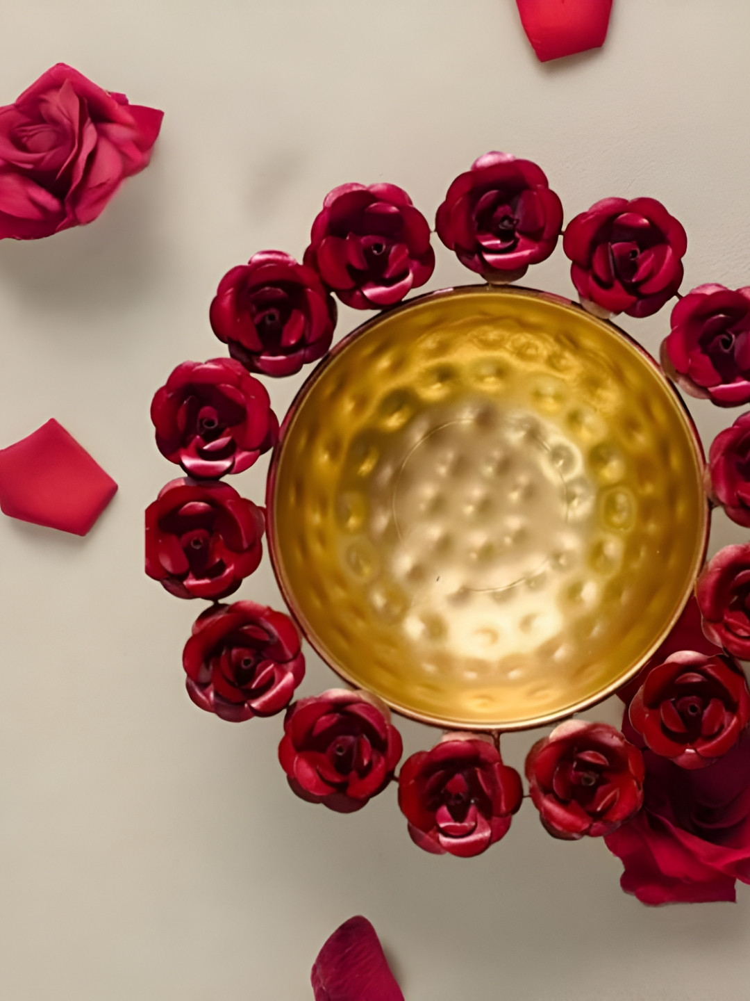 Special You 6-Pcs Red Rose Brass Urli Bowl With T Light Candle