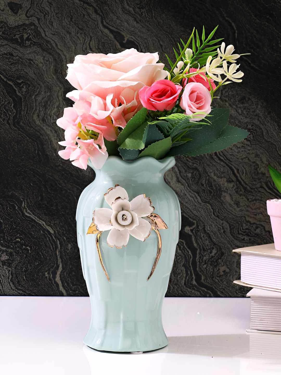 TAYHAA Green & White Floral Textured Ceramic Flower Vase