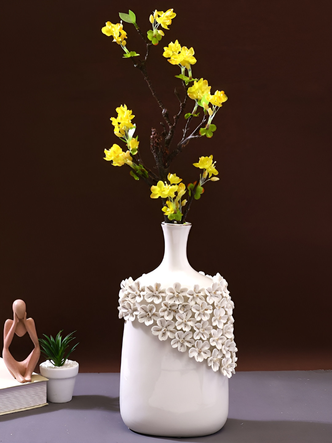TAYHAA White Floral Textured Ceramic Bottle shaped Flower Vase