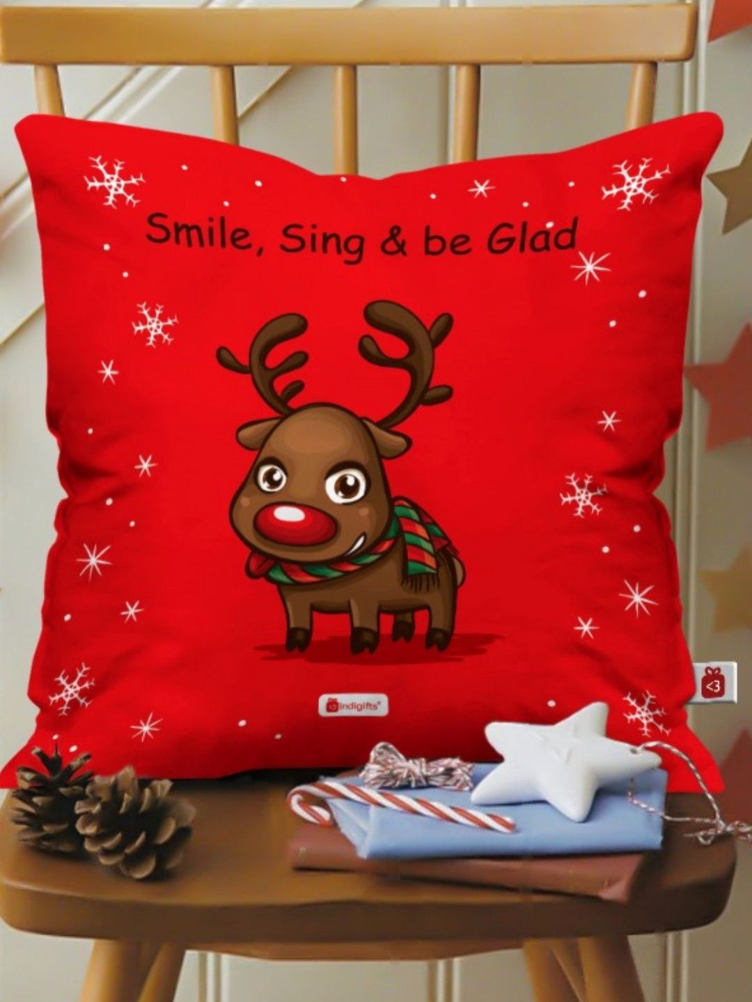 Indigifts Christmas Red Animal Satin Washable Square Cushion Cover -16x16In