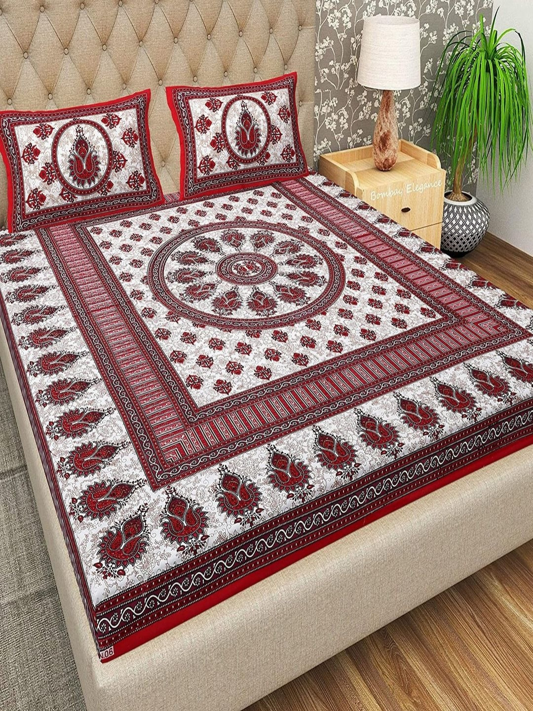 Qfab Jaipuri Red Ethnic Motifs Cotton Breathable 144 TC Queen Bedsheet with 2 Pillow Covers-87 x 102 inches