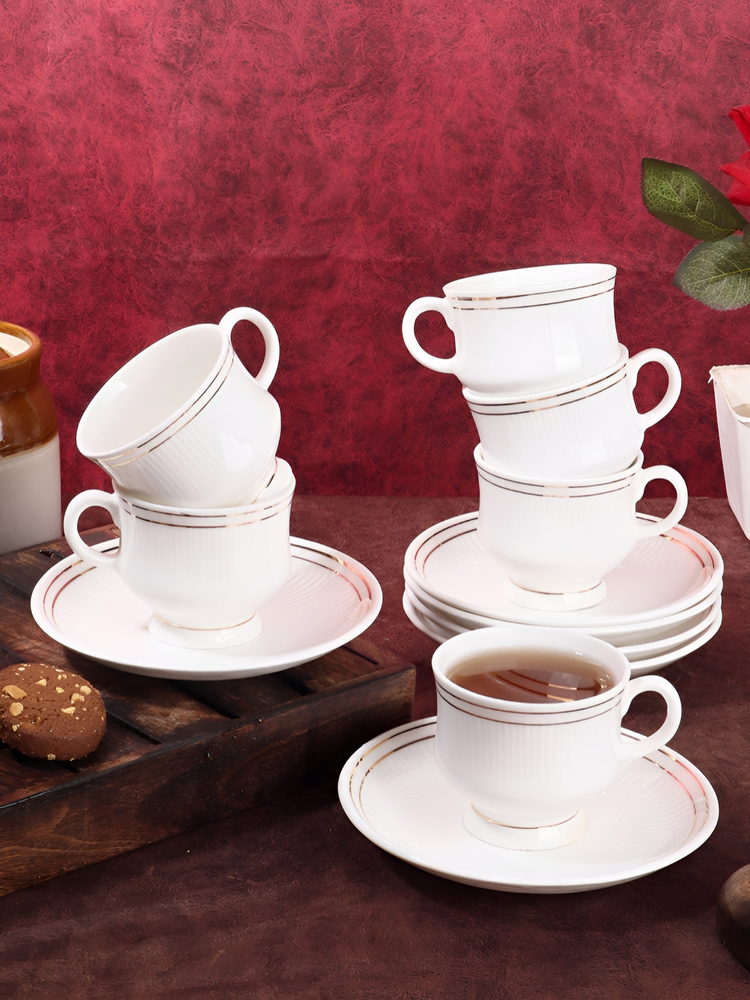 Aura White 12 Pieces Ceramic Cups and Saucers 150 ml Each