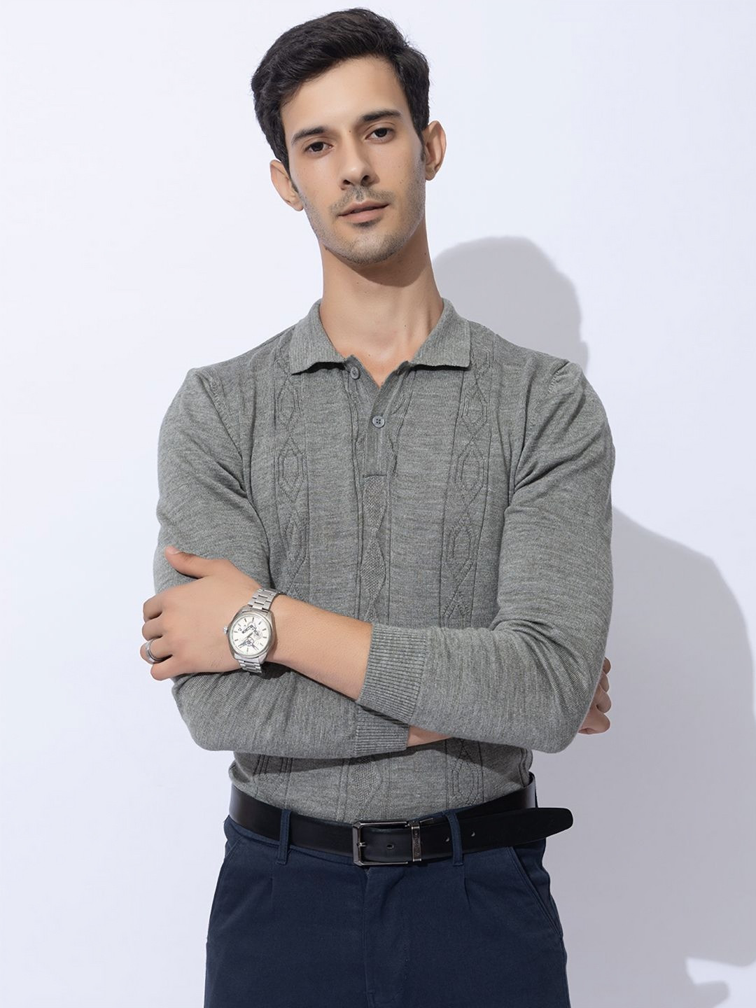 ARMISTO Men Woollen Cable Knit Polo T-shirt